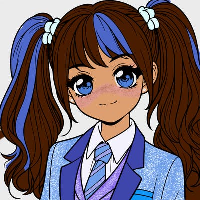 realistic girl with two ponytails and a suit on