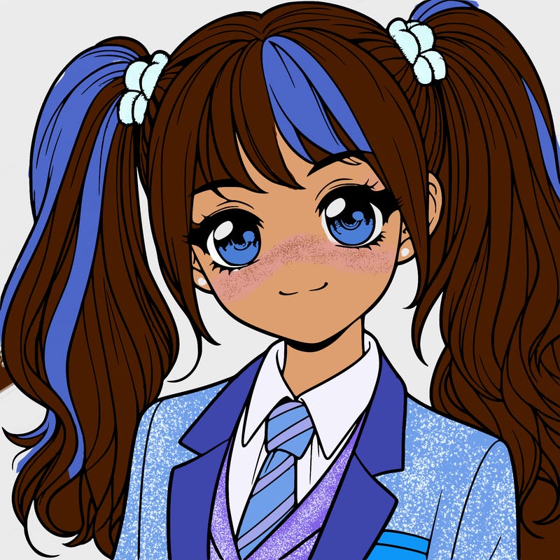 realistic girl with two ponytails and a suit on