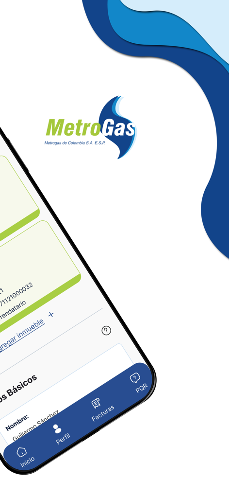 MetroApp - Interface mobile MetroApp pour la gestion des services publics de Metrogas de Colombia montrant la navigation et les détails de la propriété
