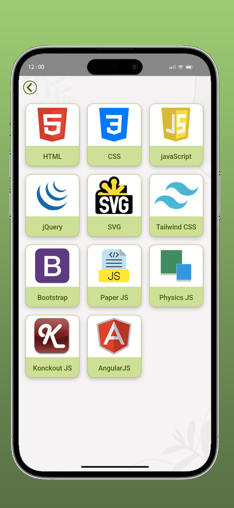 HTML Code Play - Grid of supported web development technologies including HTML CSS and JavaScript