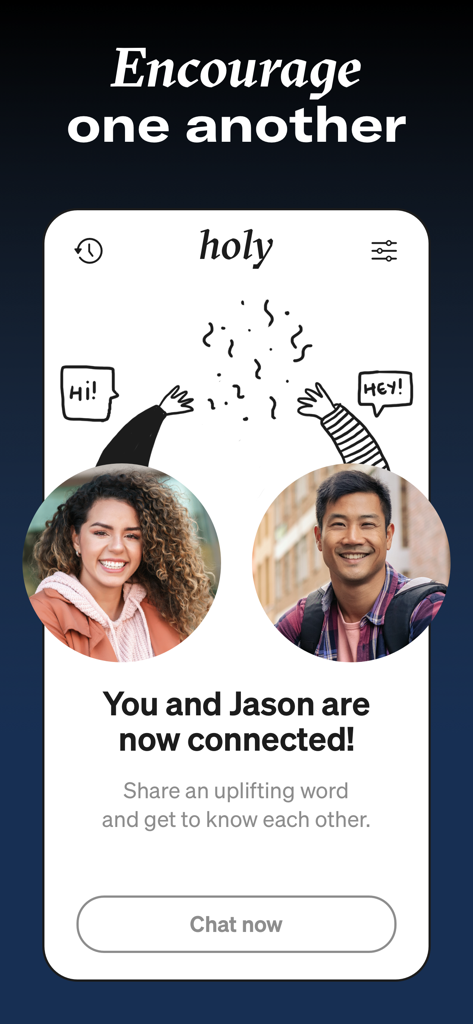 Holy — Christian Dating App - A match screen on the Holy Christian dating app showing two people connected with the text Encourage one another