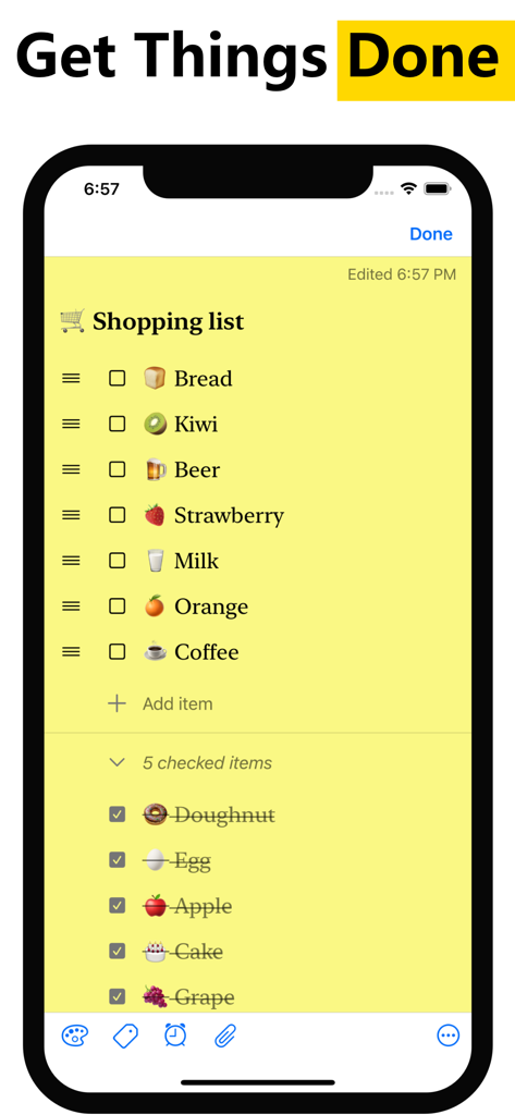 Una lista de compras codificada en amarillo en la aplicación de bloc de notas WeNote con artículos de supermercado y listas de verificación