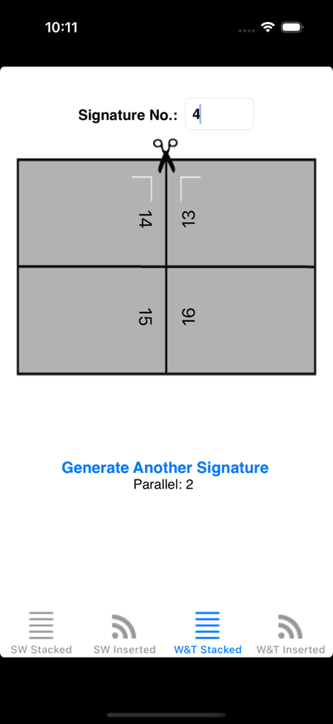 A 4-up page imposition diagram for signature number 4 using the work and turn stacked method
