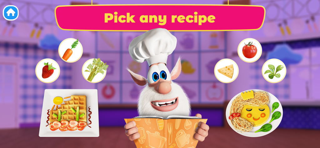 Booba Kitchen: Cooking Food - Booba the chef holding a recipe book with various food options in a cooking game for kids