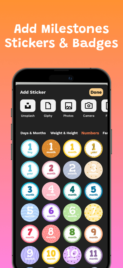 Babio: Baby Monthly Pictures - Babio app interface showing a grid of colorful monthly milestone badges and stickers for baby photos