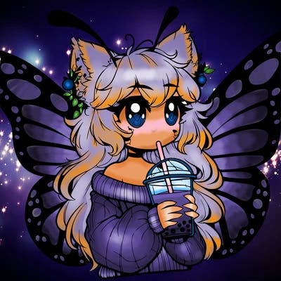 a realistic butterfly/furry girl drinking boba
