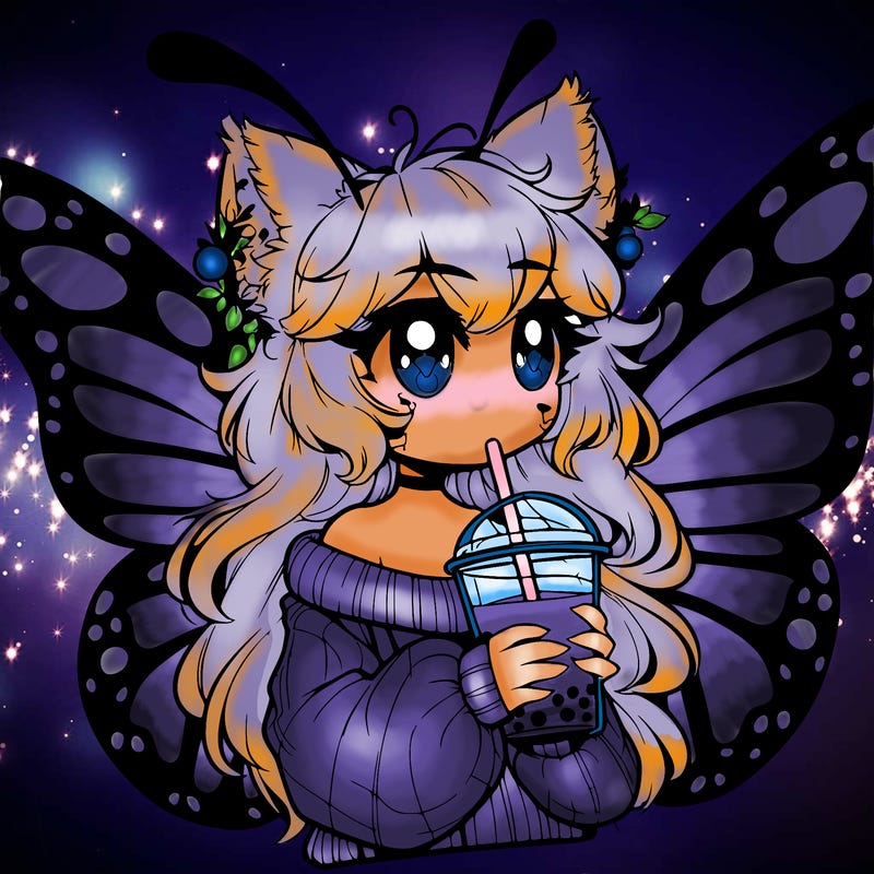 a realistic butterfly/furry girl drinking boba