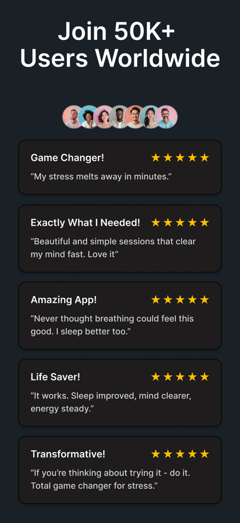Eine Sammlung von Fünf-Sterne-Nutzerrezensionen für die RESPIRA Atem- und Meditations-App, die Stressabbau und verbesserte Schlafqualität hervorheben