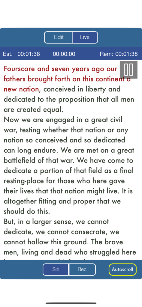 Interface de l'application mobile SpeechMaker montrant le texte du discours de Gettysburg dans un prompteur avec des commandes de minutage et d'enregistrement.