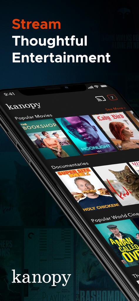 Kanopy - Kanopy mobile app interface showing a curated selection of popular movies and documentaries.