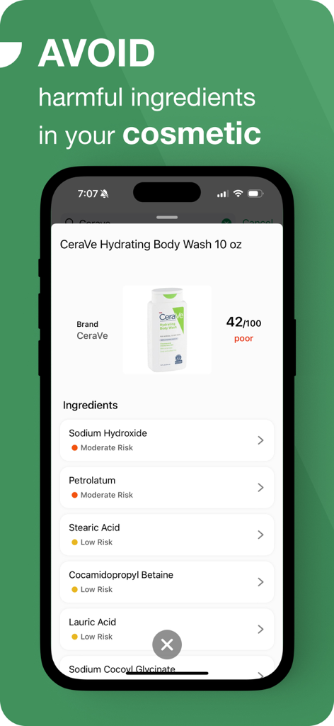 OneLabel: Product Scanner - OneLabel app interface showing a cosmetic product score of forty-two out of one hundred and a detailed ingredient risk analysis