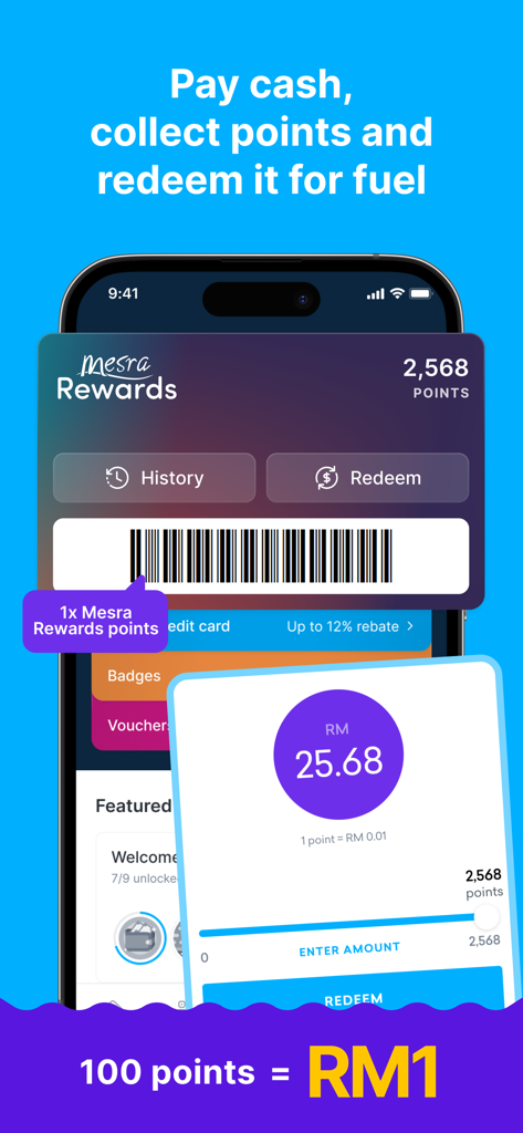 Mobile app interface showing Mesra Rewards points balance and the conversion rate of points for fuel redemption