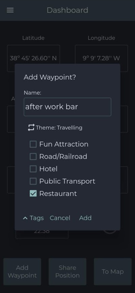 GPS Waypoints Lite - Interfaz de la aplicación GPS Waypoints Lite que muestra una ventana emergente para añadir una nueva ruta con coordenadas de latitud y longitud y etiquetas de categoría personalizadas