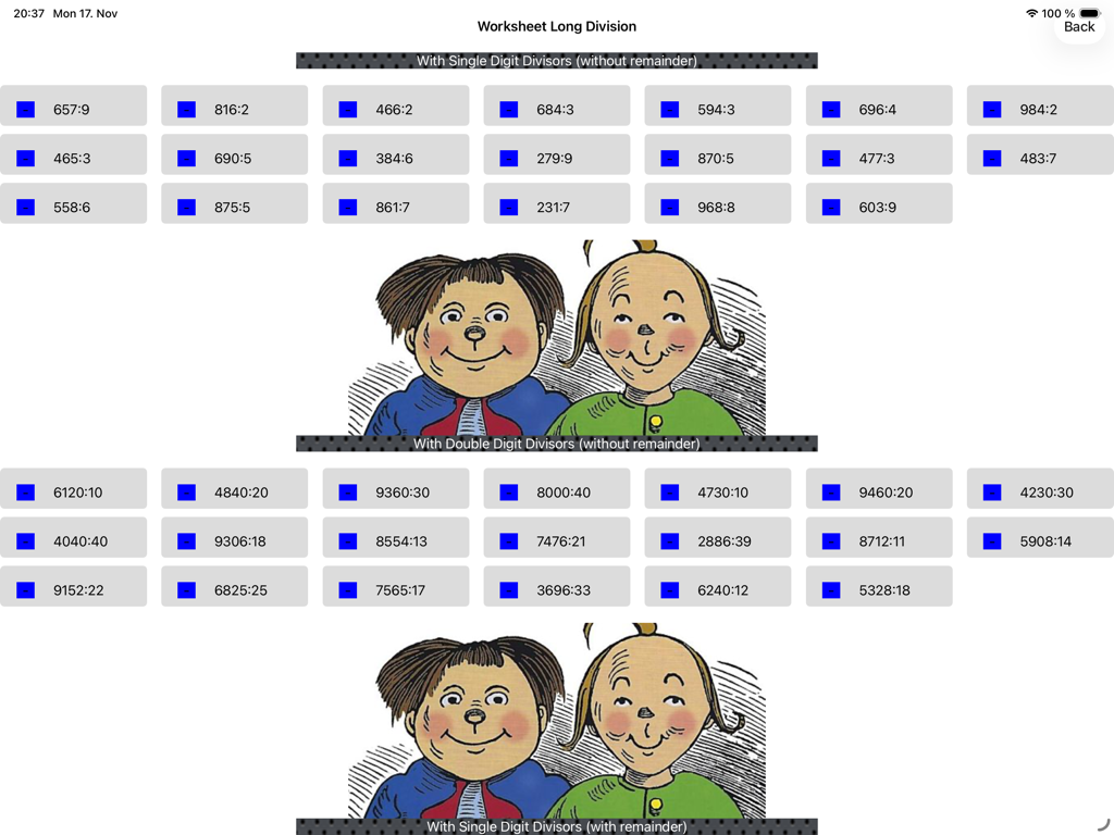 Pantalla de hoja de trabajo en la aplicación Lehrer Laempel Division que muestra varios problemas de división larga con divisores de uno y dos dígitos.