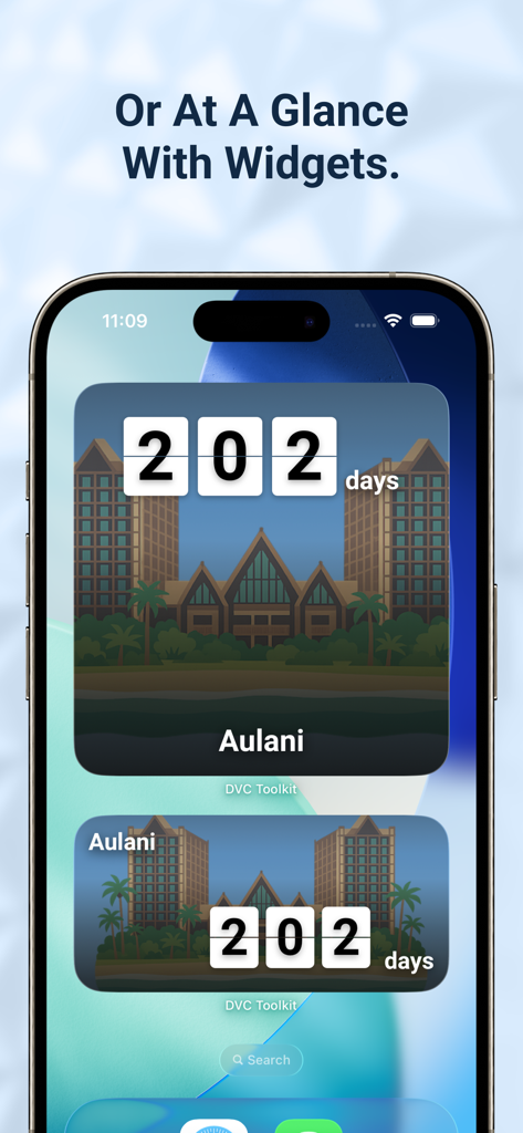 DVC Toolkit app countdown widgets on an iPhone home screen showing days until a vacation at the Aulani resort.