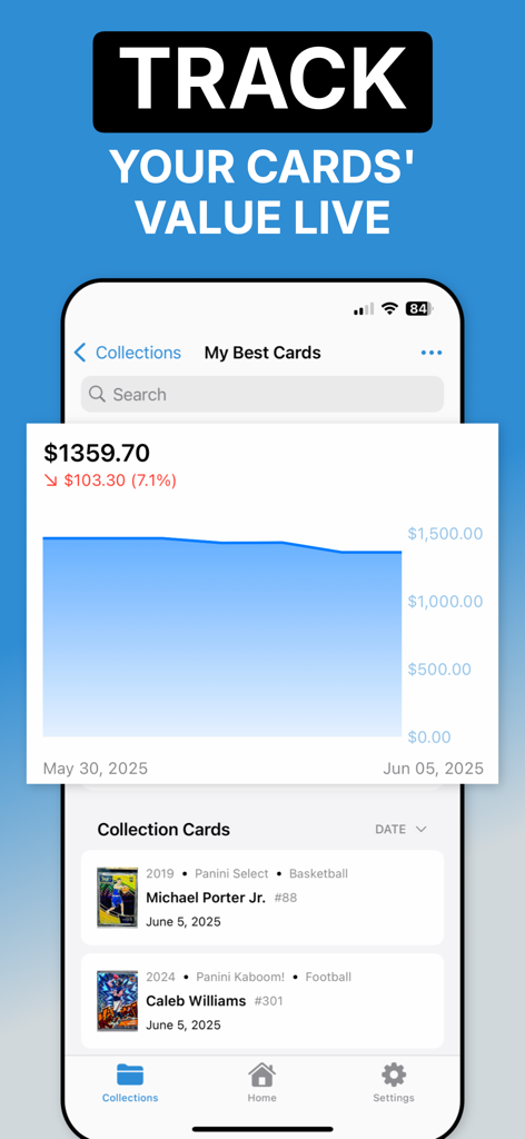 A mobile app interface displaying a sports card collection portfolio value graph and a list of cards.