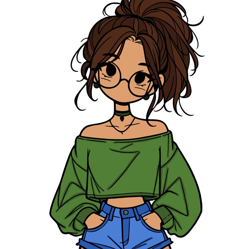 girl with a messy ponytail glasses a baggy crop top and jean shorts