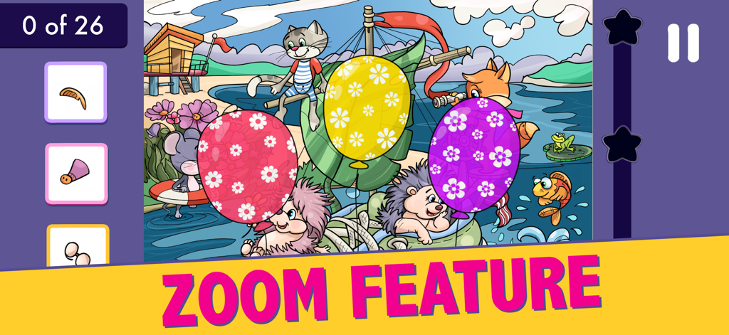 Hidden Object Puzzles For Kids - Colorful beach scene in the Hidden Object Puzzles For Kids app showcasing the zoom feature