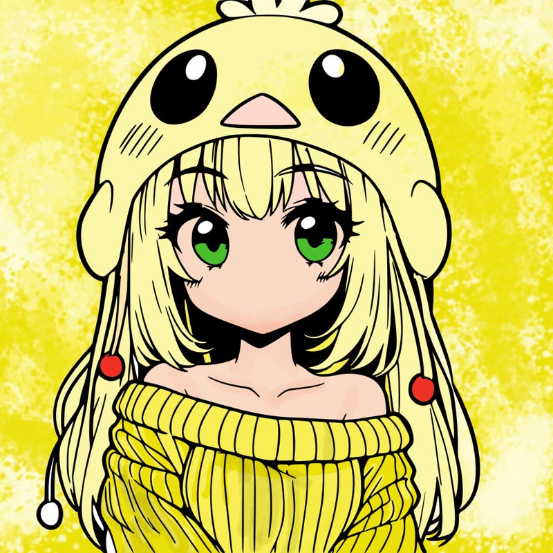 anime girl with chick shaped hat with sweater with bare shoulders with bangs covering them one eye with low tail