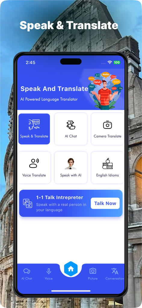 Speak & Translate Languages AI - Painel principal do aplicativo Speak and Translate Languages AI mostrando recursos como AI Chat Camera Translate e Voice Translate em um fundo de viagem