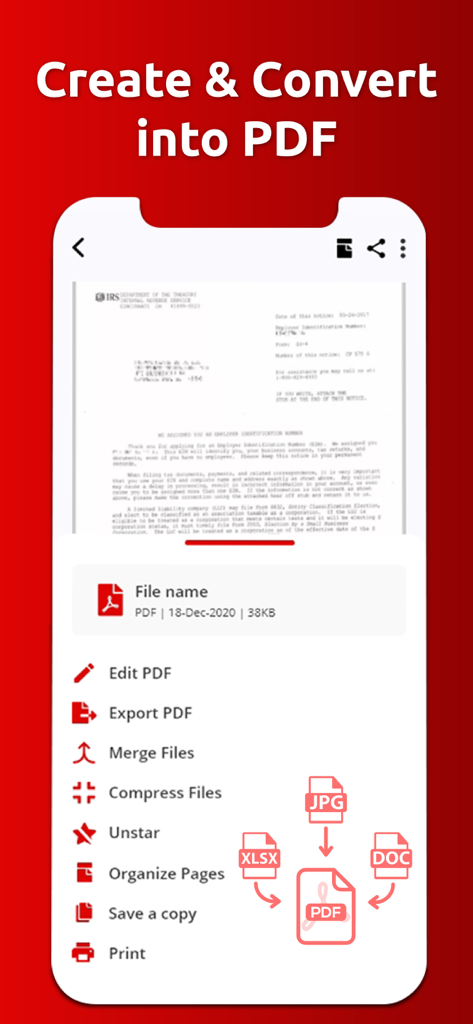 編集およびファイル結合ツールを使用してPDFを作成および変換するオプションを示すモバイルアプリインターフェース。