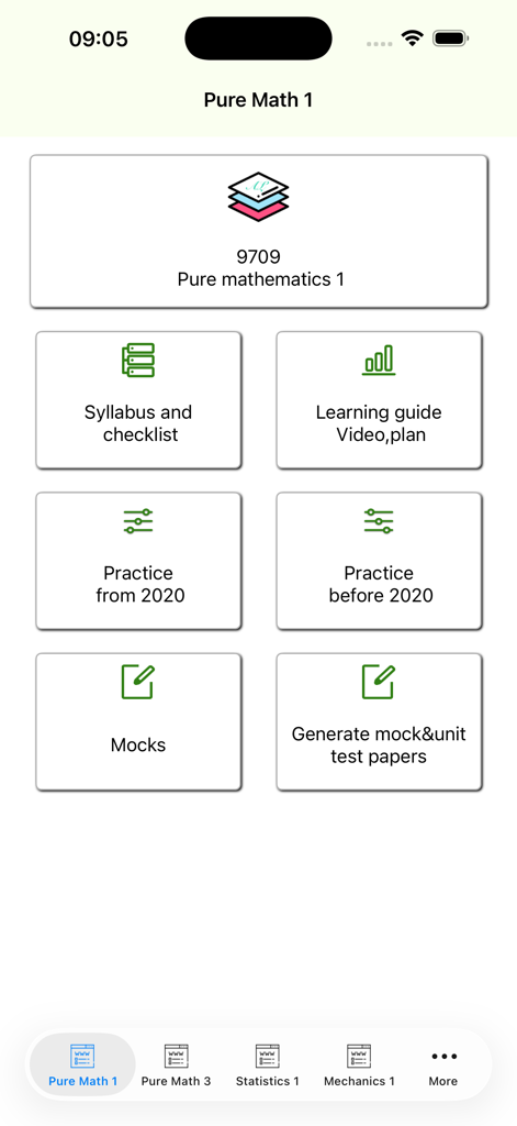 AlevelMath - Pantalla de la aplicación AlevelMath mostrando opciones de estudio para Matemáticas Puras 1, incluyendo temario y exámenes de prueba.