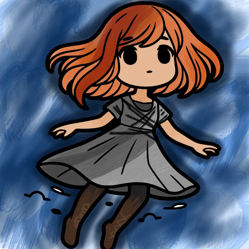 floating girl with shoulder length hair wearing dress