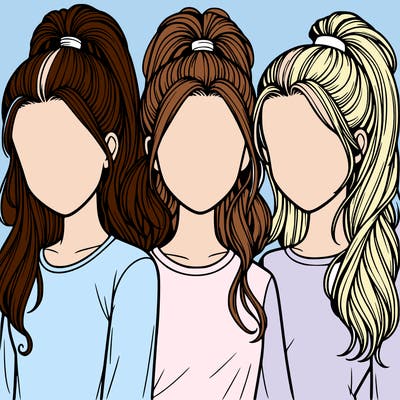 three realistic girls with hair up in a ponytail with