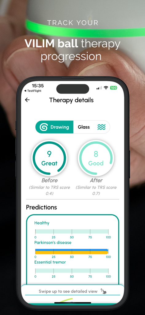 Steady Hands - tremor meter - Steady Hands app screen displaying hand tremor therapy details and condition pattern predictions