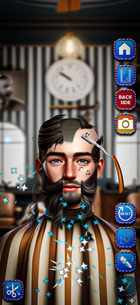 Hair Cuttery Barber Shop Games - Hair Cuttery Barber Shop Gamesのゲームプレイ画面。男性がストレートカミソリで仮想の髪とひげのスタイリングを受けている様子を示している。