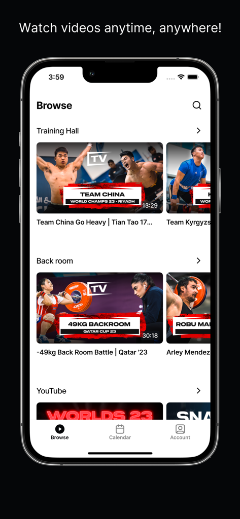 WLHOUSE TV - WLHOUSE TV App-Bildschirm, der Kategorien wie Trainingshalle und Hinterzimmer für Gewichtheber-Videos zeigt