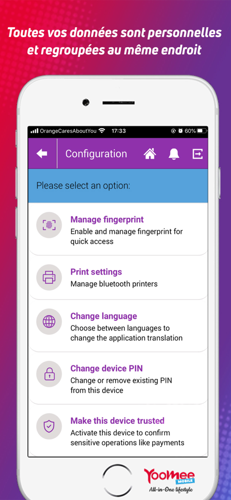 YooMee Mobile All In One - YooMee Mobile app configuration screen featuring security options like fingerprint and PIN management