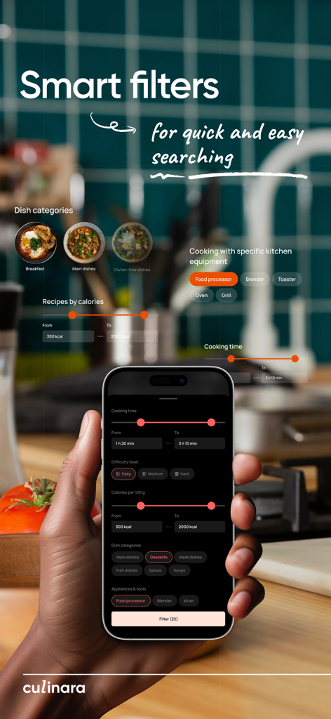 A person using the Culinara app's smart filters to search for recipes by cooking time, calories, and kitchen appliances.