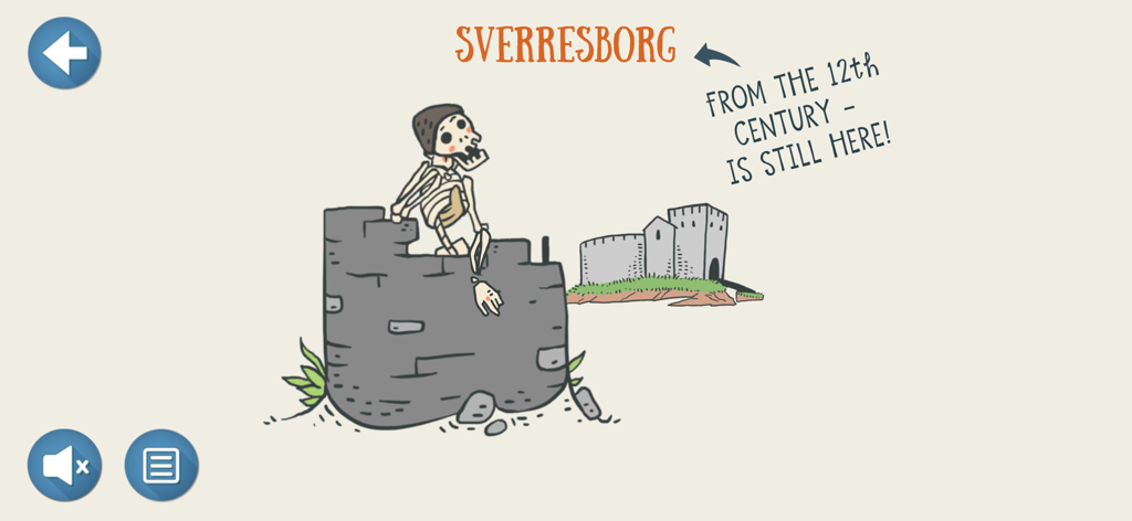 Time Travel Trondheim - Cartoon skeleton sitting on a stone wall at Sverresborg castle from the 12th century