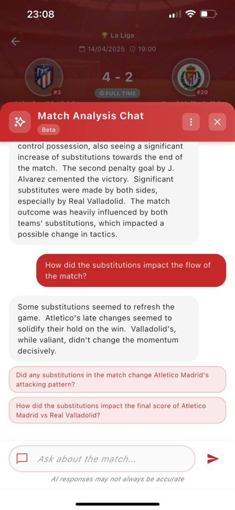 Fut Ao Vivo: dahora - An AI chatbot interface in the Footastic app providing tactical match analysis for a soccer game between Atletico Madrid and Real Valladolid.