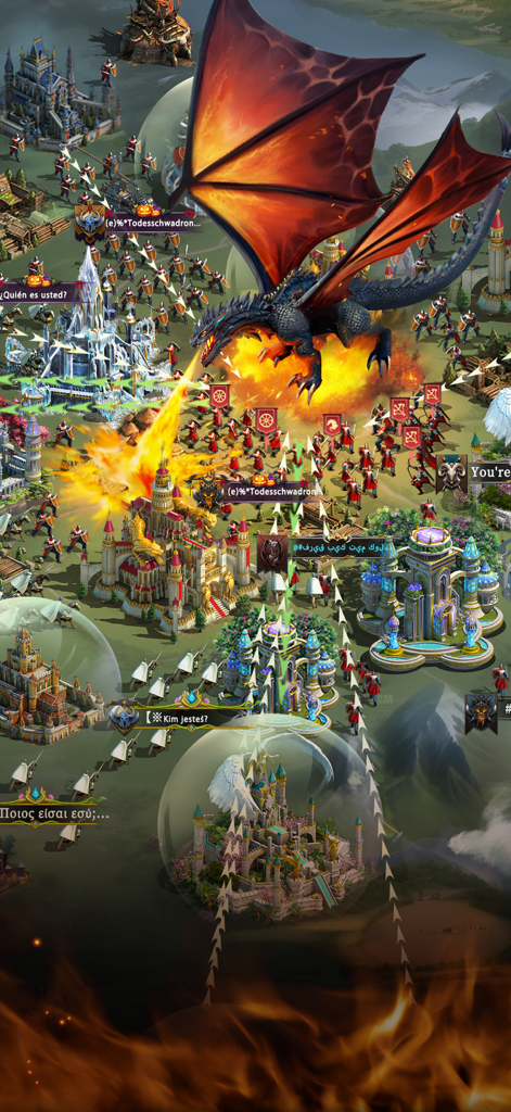 Last Land: War of Survival - A large black dragon breathing fire on a medieval kingdom during a massive army battle