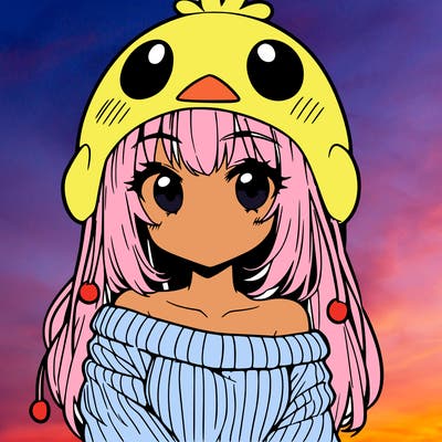 anime girl with chick shaped hat with sweater with bare shoulders with bangs covering them one eye with low tail