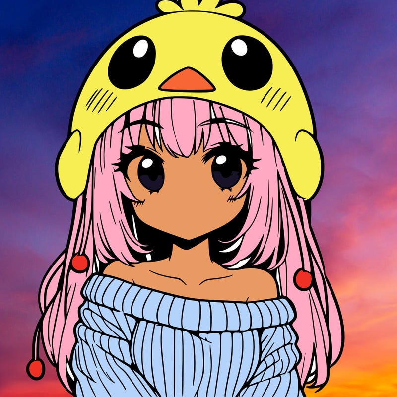 anime girl with chick shaped hat with sweater with bare shoulders with bangs covering them one eye with low tail