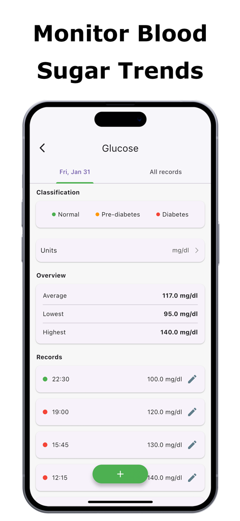 Glycemic Index & Load Tracker - App-Bildschirm, der Glukoseaufzeichnungen und Blutzuckertrends mit Klassifizierungsebenen anzeigt