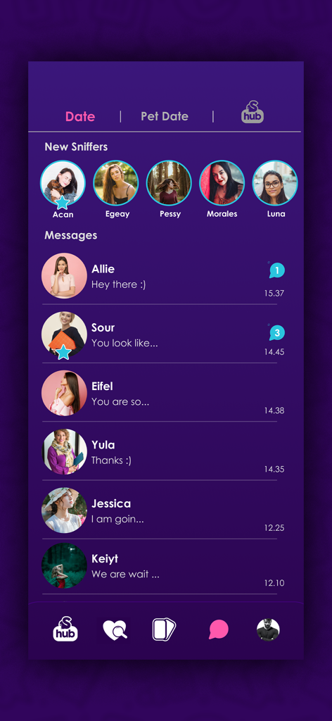 Sniffer - Dating New People - The message list and new matches interface of the Sniffer dating app for pet owners.