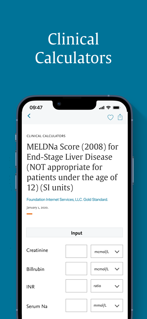 ClinicalKey - ClinicalKey mobile app screen showing a clinical calculator for MELDNa score for end-stage liver disease