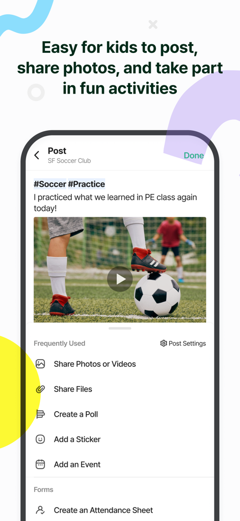 Oberfläche der BAND for Kids App, die zeigt, wie ein Kind ein Update zum Fußballtraining mit einem Foto und Community-Gruppenfunktionen postet.
