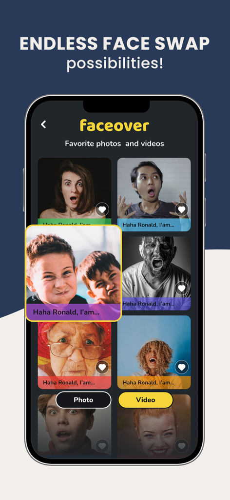 A mobile app interface displaying a grid of humorous face swap photos and options for video