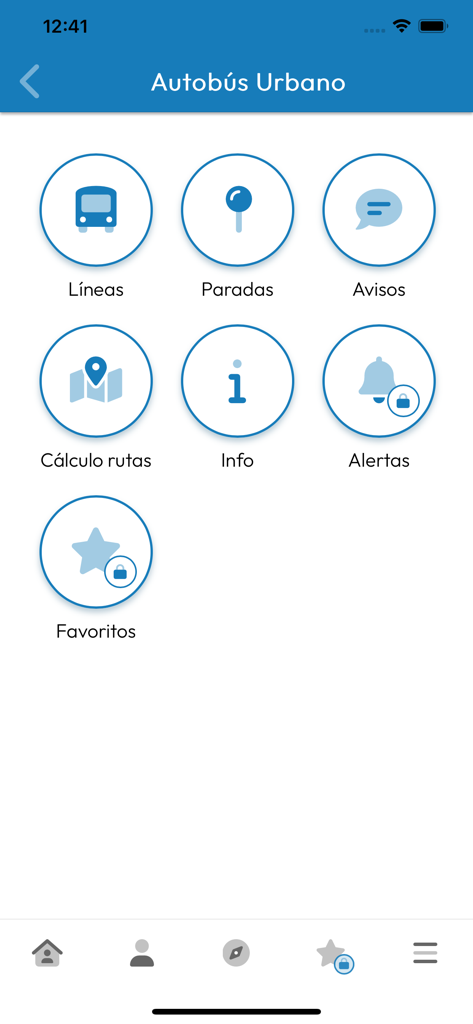 App Coruña - A tela de menu de ônibus urbano no aplicativo municipal App Coruna com ícones para linhas de ônibus, paradas e planejamento de rotas