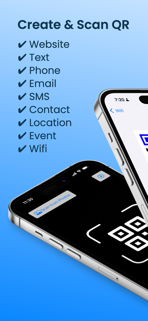QR Maker & Scan: QR Code Suite - QR Code Suite app interface showing a list of creation options and a smartphone scanning a QR code