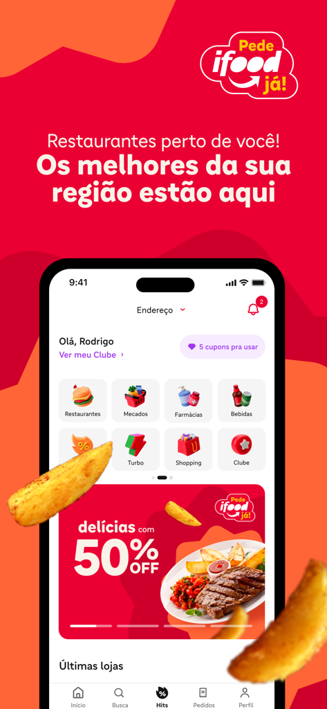 iFood-App-Startbildschirm mit Optionen für Lebensmittel- und Apothekengeschäfte in portugiesischer Sprache