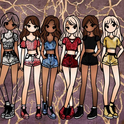 a group of girls wearing crop tops and shorts