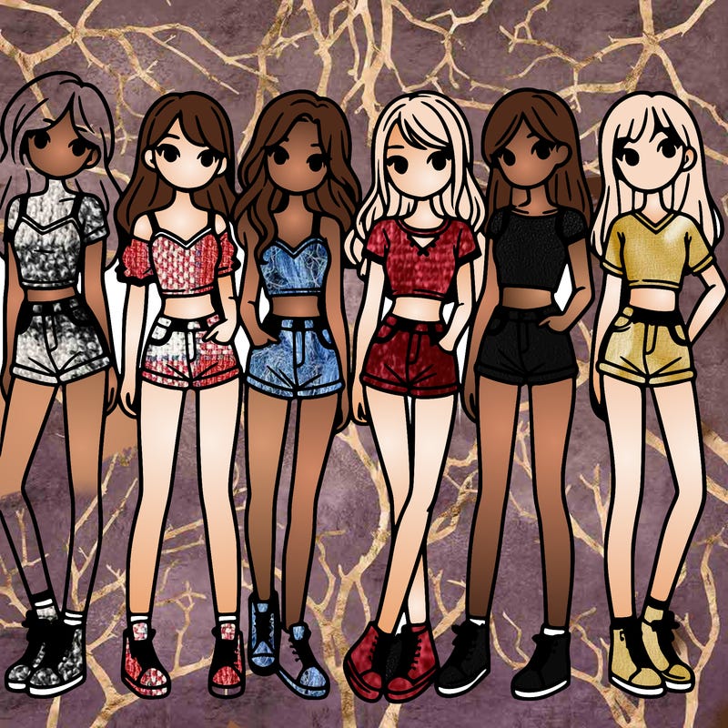 a group of girls wearing crop tops and shorts