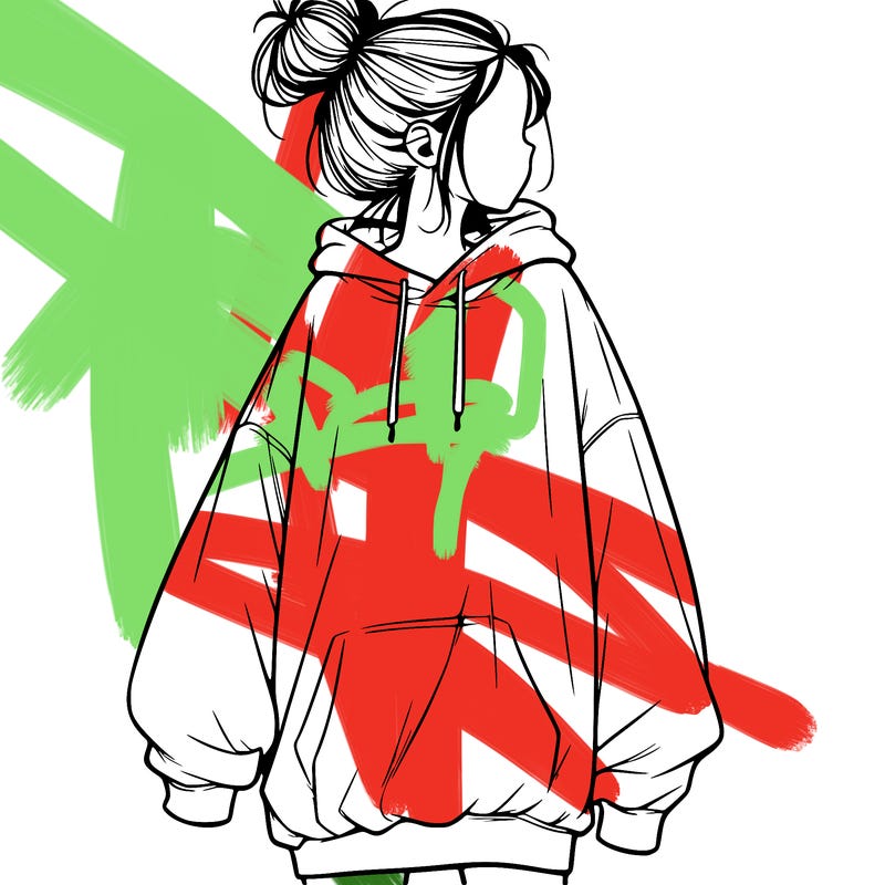 realistic girl with a oversized sweatshirt on and a bun