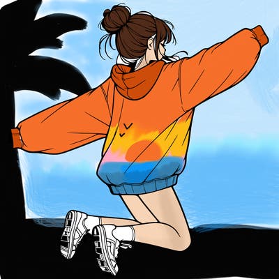 realistic girl jumping with a bun and oversized sweatshirt